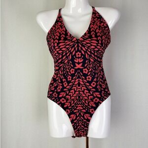 Kona Sol Womens One Piece Swimsuit Halter Floral Red Black Size S